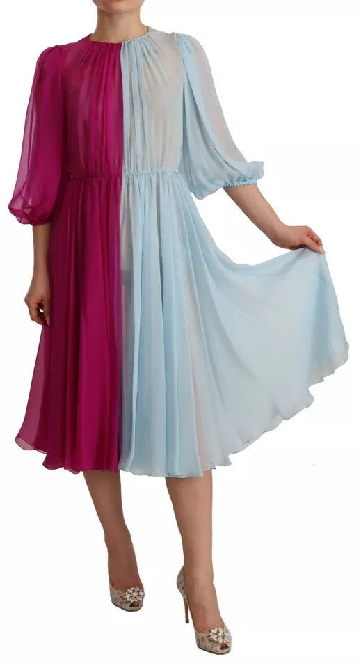 Dolce & Gabbana Fuchsia Light Blue Silk Two Tone Midi Dress LUNESCAPE