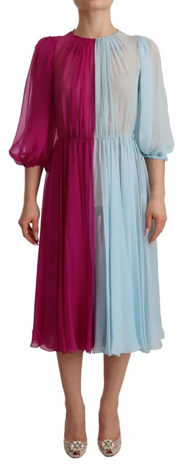 Dolce & Gabbana Fuchsia Light Blue Silk Two Tone Midi Dress LUNESCAPE