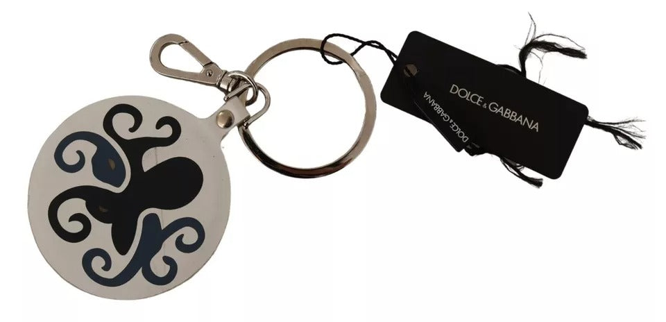 Dolce & Gabbana White Leather Printed Metal Silver Tone Keyring Keychain LUNESCAPE