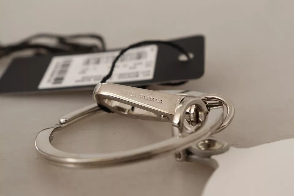 Dolce & Gabbana White Leather Printed Metal Silver Tone Keyring Keychain LUNESCAPE