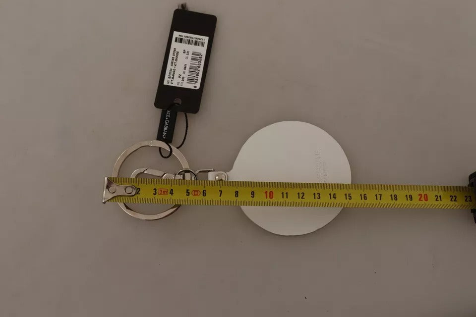 Dolce & Gabbana White Leather Printed Metal Silver Tone Keyring Keychain LUNESCAPE