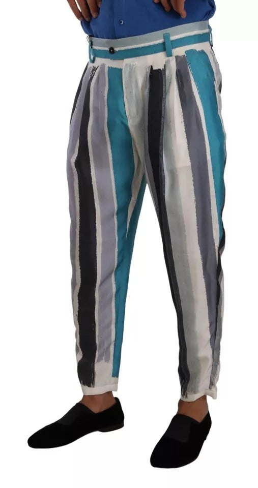 Dolce & Gabbana Blue Striped Silk Tapered Pants LUNESCAPE