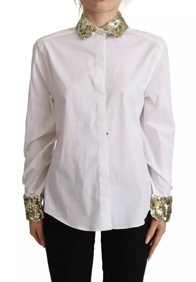 Dolce & Gabbana White Cotton Collared Long Sleeves Sequin Top Shirt LUNESCAPE