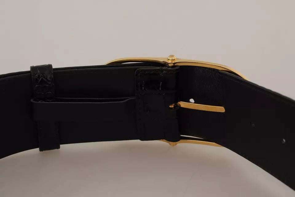 Dolce & Gabbana Black Wide Embossed Leather Gold Metal Buckle Belt LUNESCAPE