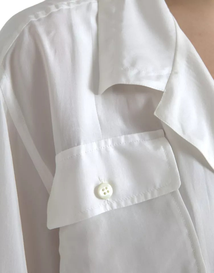 Dolce & Gabbana White Silk Collared 3/4 Sleeves Blouse Top LUNESCAPE