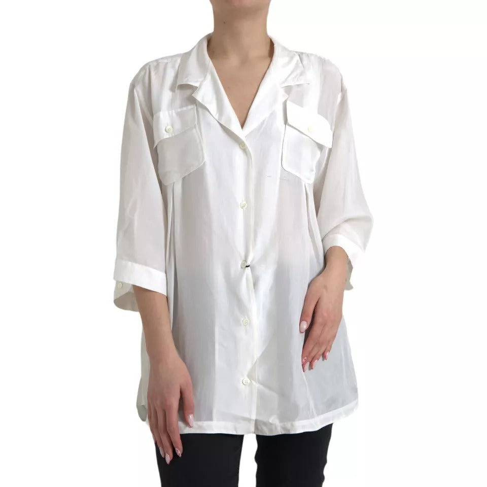 Dolce & Gabbana White Silk Collared 3/4 Sleeves Blouse Top LUNESCAPE