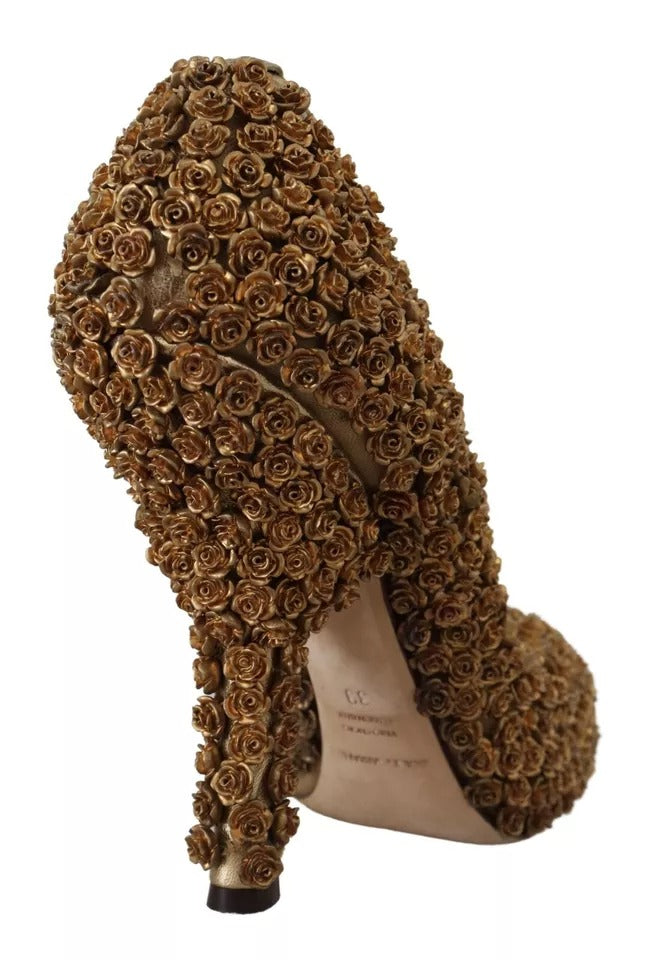 Dolce & Gabbana Gold Roses Embellished Heels Pumps Shoes LUNESCAPE