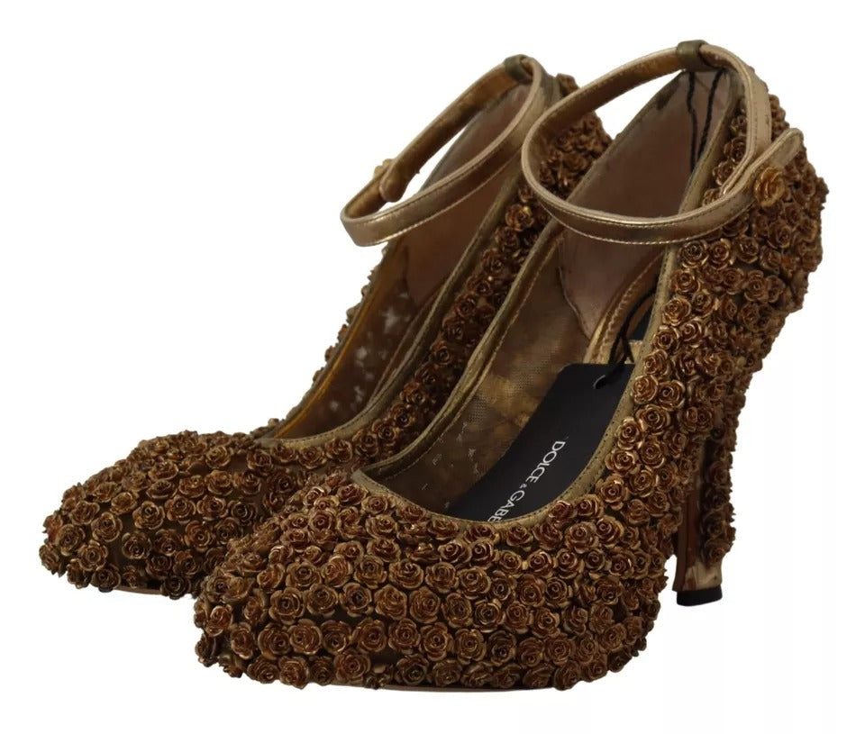 Dolce & Gabbana Gold Roses Embellished Heels Pumps Shoes LUNESCAPE