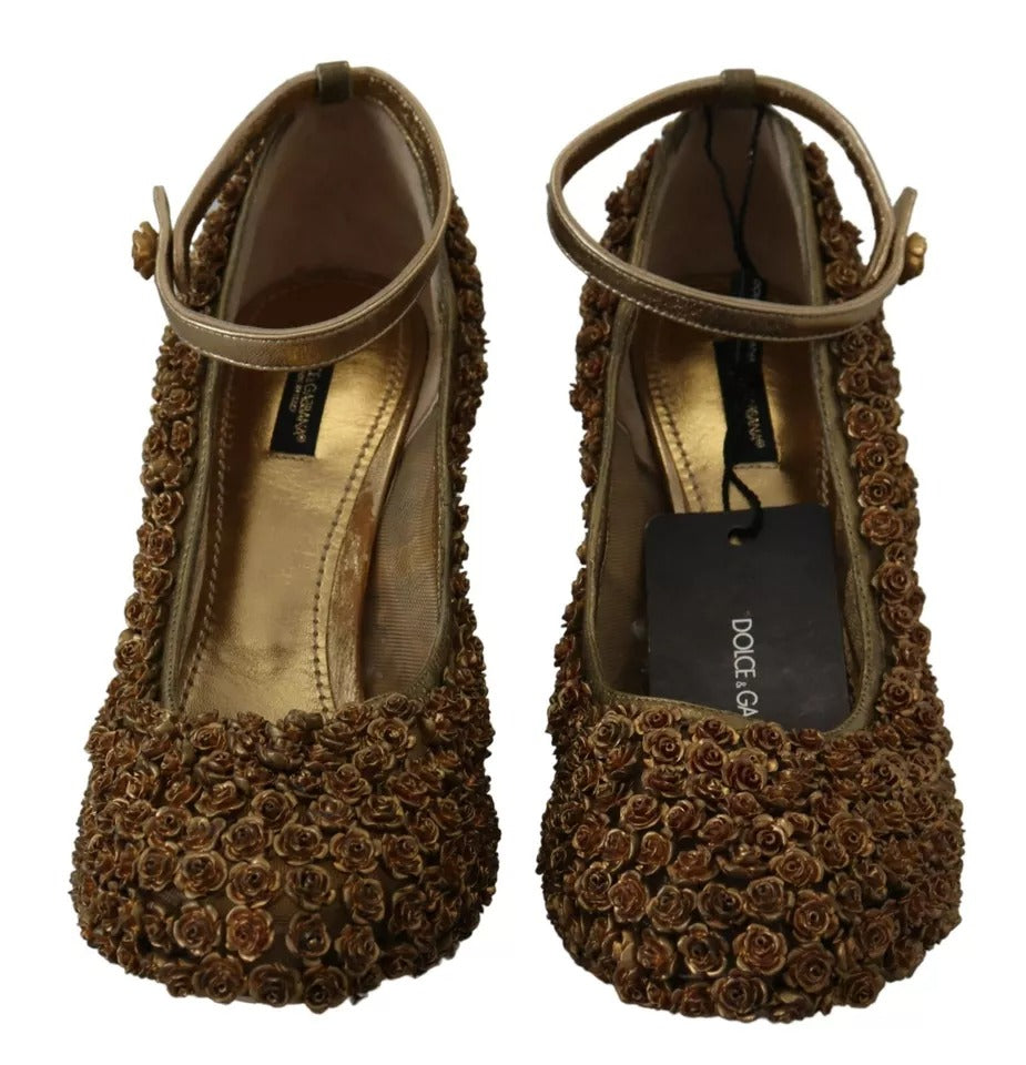 Dolce & Gabbana Gold Roses Embellished Heels Pumps Shoes LUNESCAPE