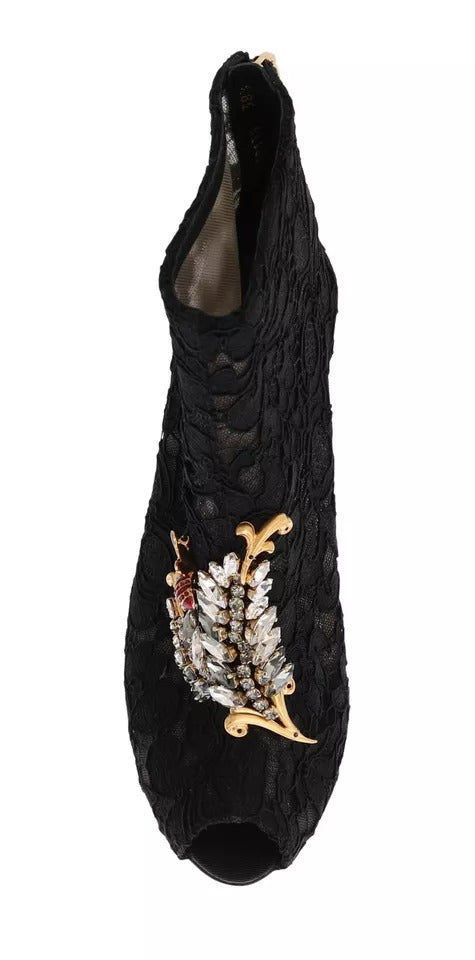 Dolce & Gabbana Black Crystal Lace Booties Stilettos Shoes LUNESCAPE
