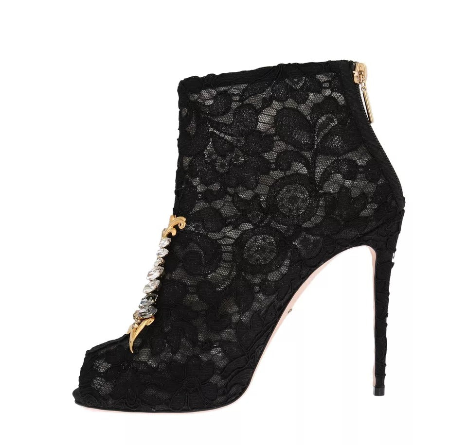 Dolce & Gabbana Black Crystal Lace Booties Stilettos Shoes LUNESCAPE
