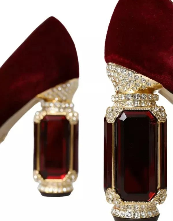 Dolce & Gabbana Red Velvet Gold Crystals Heels Mary Janes Shoes LUNESCAPE