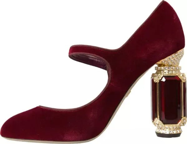 Dolce & Gabbana Red Velvet Gold Crystals Heels Mary Janes Shoes LUNESCAPE
