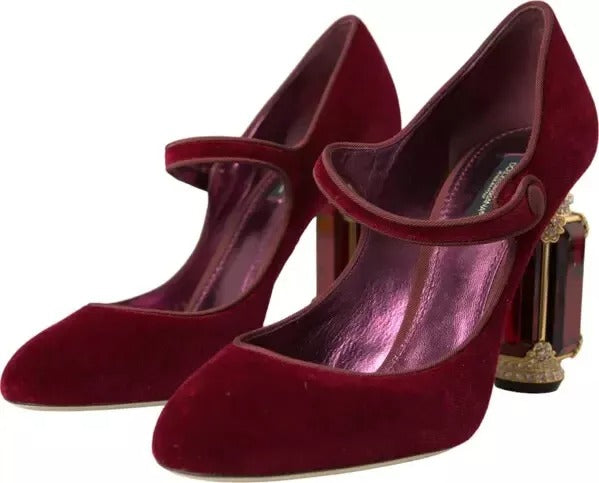 Dolce & Gabbana Red Velvet Gold Crystals Heels Mary Janes Shoes LUNESCAPE
