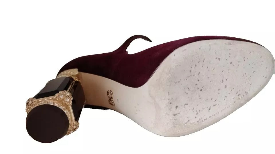 Dolce & Gabbana Red Velvet Gold Crystals Heels Mary Janes Shoes LUNESCAPE