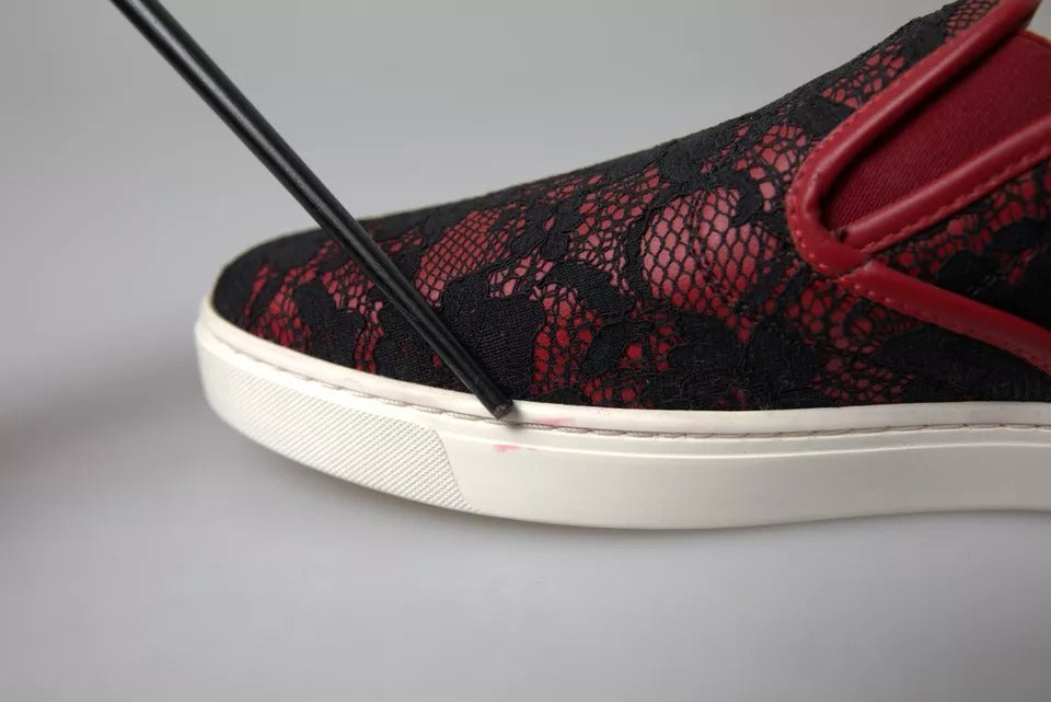 Dolce & Gabbana Black Red Lace Slip On Low Top Sneakers Shoes