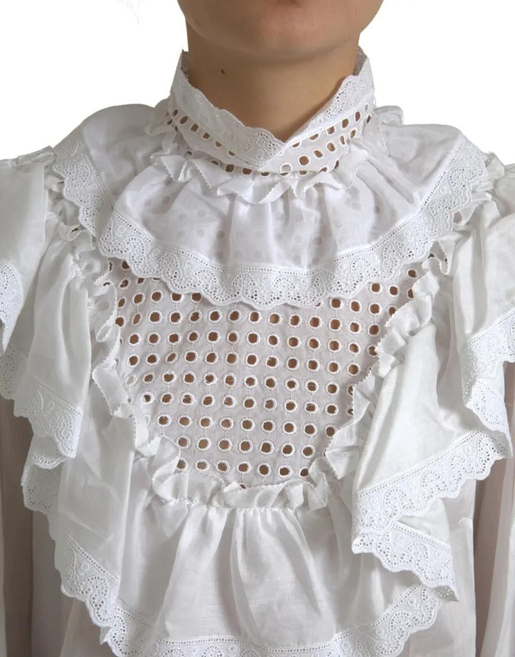 Dolce & Gabbana White Cotton Lace Trim Turtle Neck Blouse LUNESCAPE