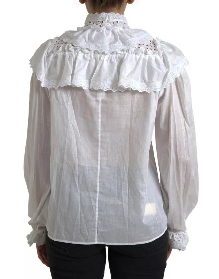 Dolce & Gabbana White Cotton Lace Trim Turtle Neck Blouse LUNESCAPE