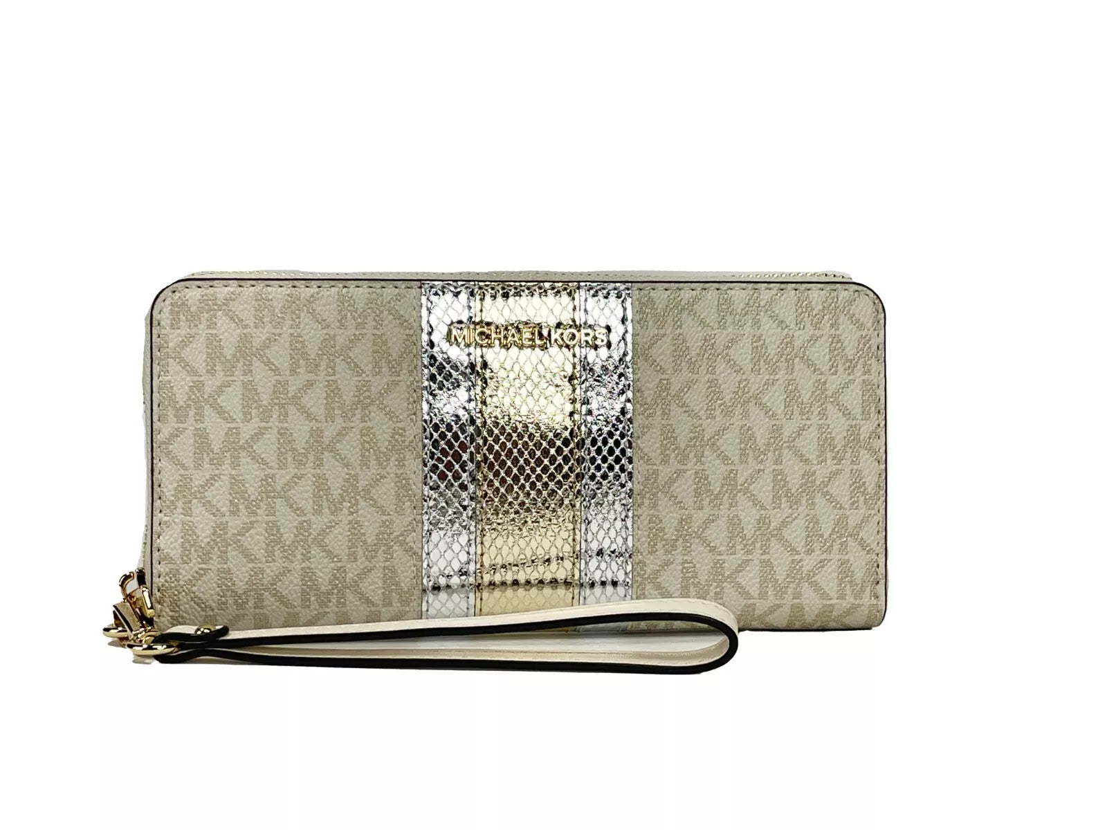 Michael Kors Jet Set Travel Center Stripe Signature Continental Wallet Vanilla Pale Gold LUNESCAPE