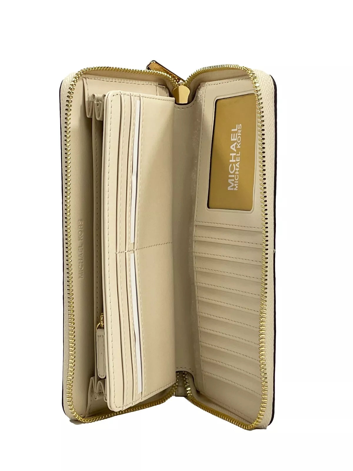 Michael Kors Jet Set Travel Center Stripe Signature Continental Wallet Vanilla Pale Gold LUNESCAPE