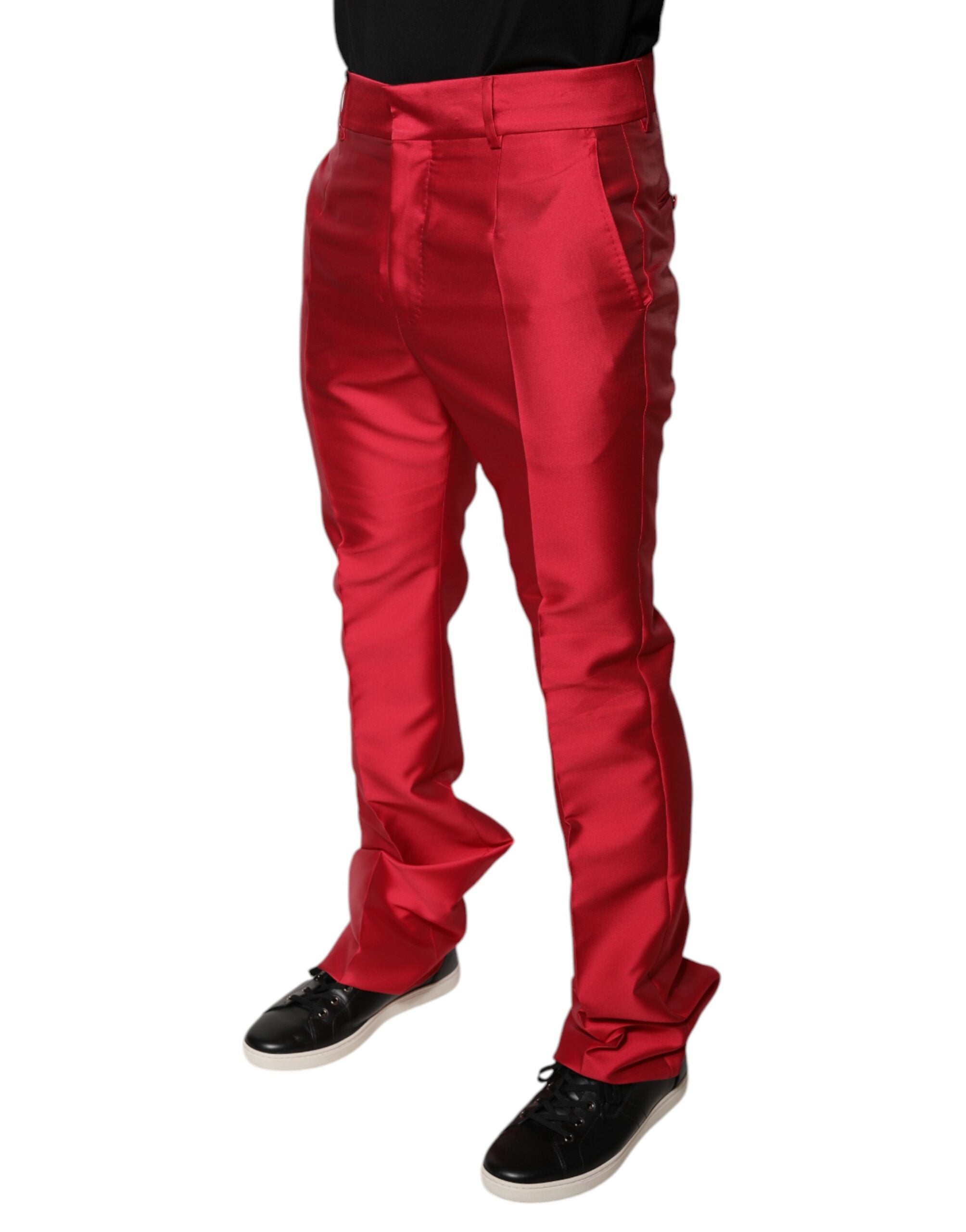 Dolce & Gabbana Red Silk Slim Fit Mid Waist Dress Formal Pants LUNESCAPE