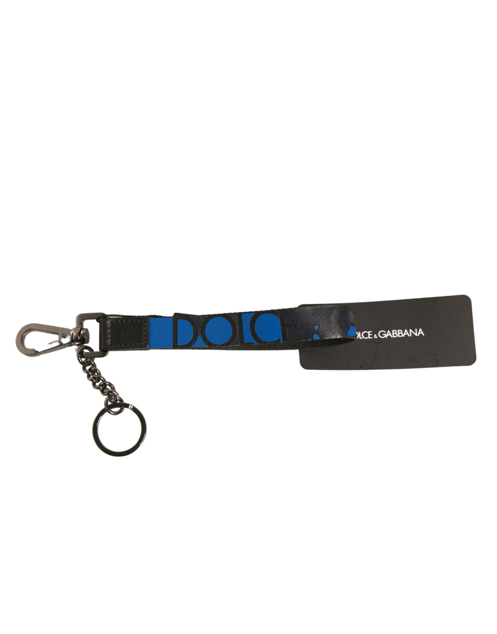 Dolce & Gabbana Blue Logo Polyester Silver Brass Holder Keychain Keyring LUNESCAPE