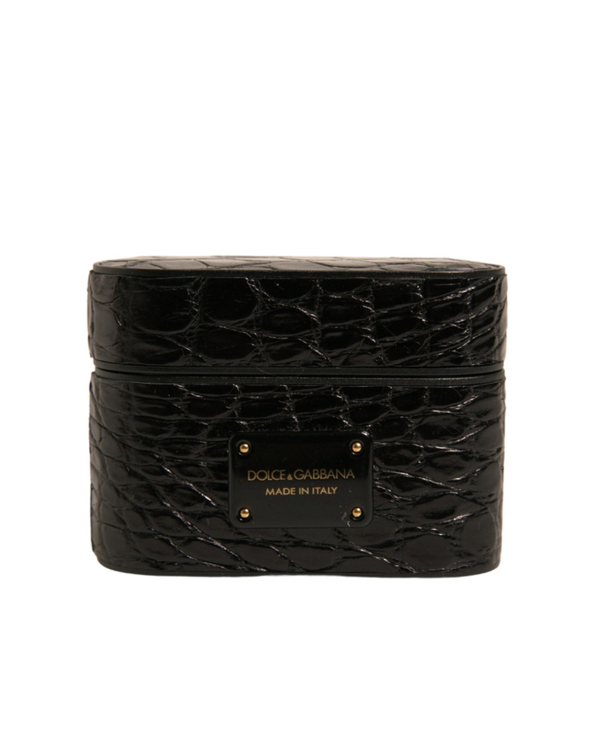 Dolce & Gabbana Black Leather Metal Logo Plaque Holder Airpods Case LUNESCAPE