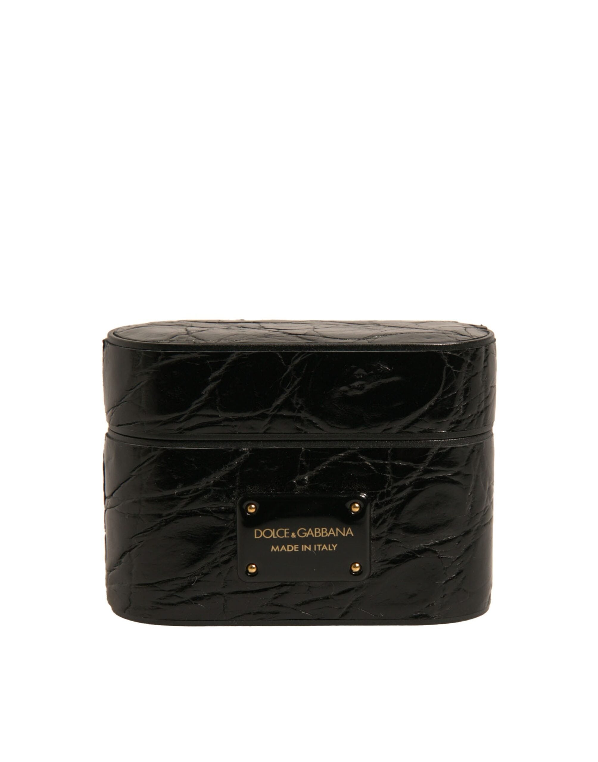 Dolce & Gabbana Black Leather Metal Logo Plaque Holder Airpods Case LUNESCAPE