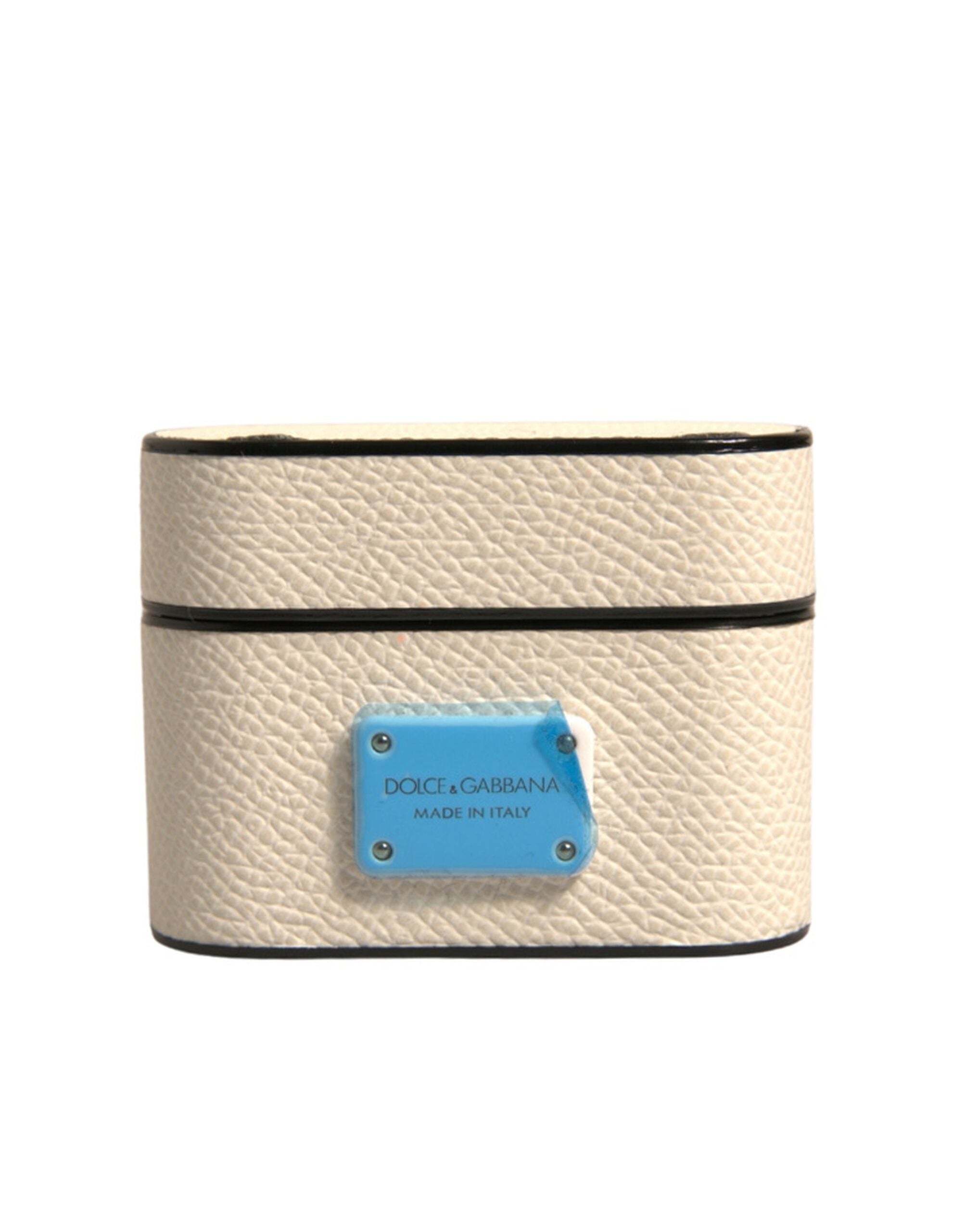 Dolce & Gabbana White Leather Metal Logo Plaque Holder Airpods Case LUNESCAPE