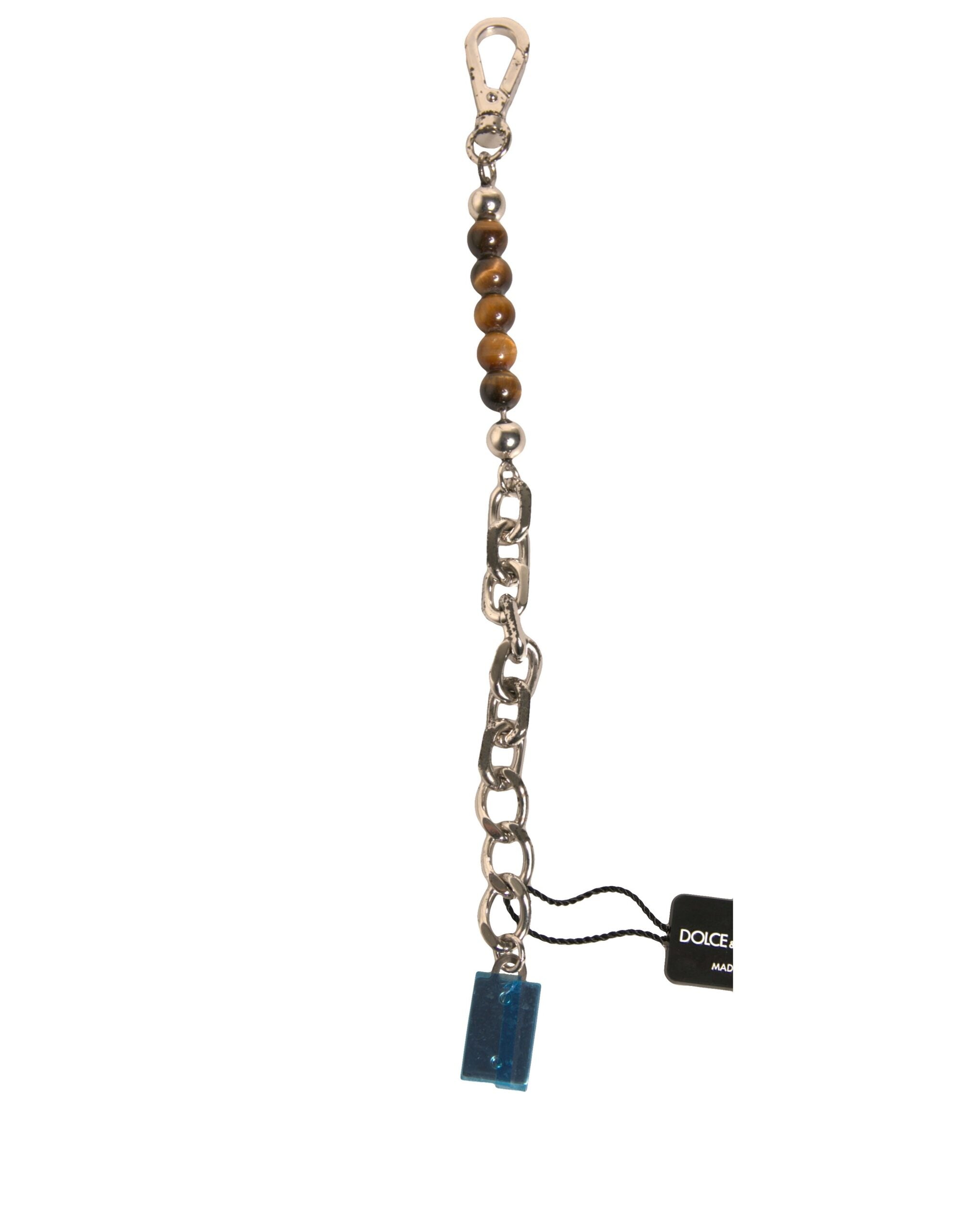 Dolce & Gabbana Silver Brass Chain Beaded Logo Plaque Keychain Keyring LUNESCAPE