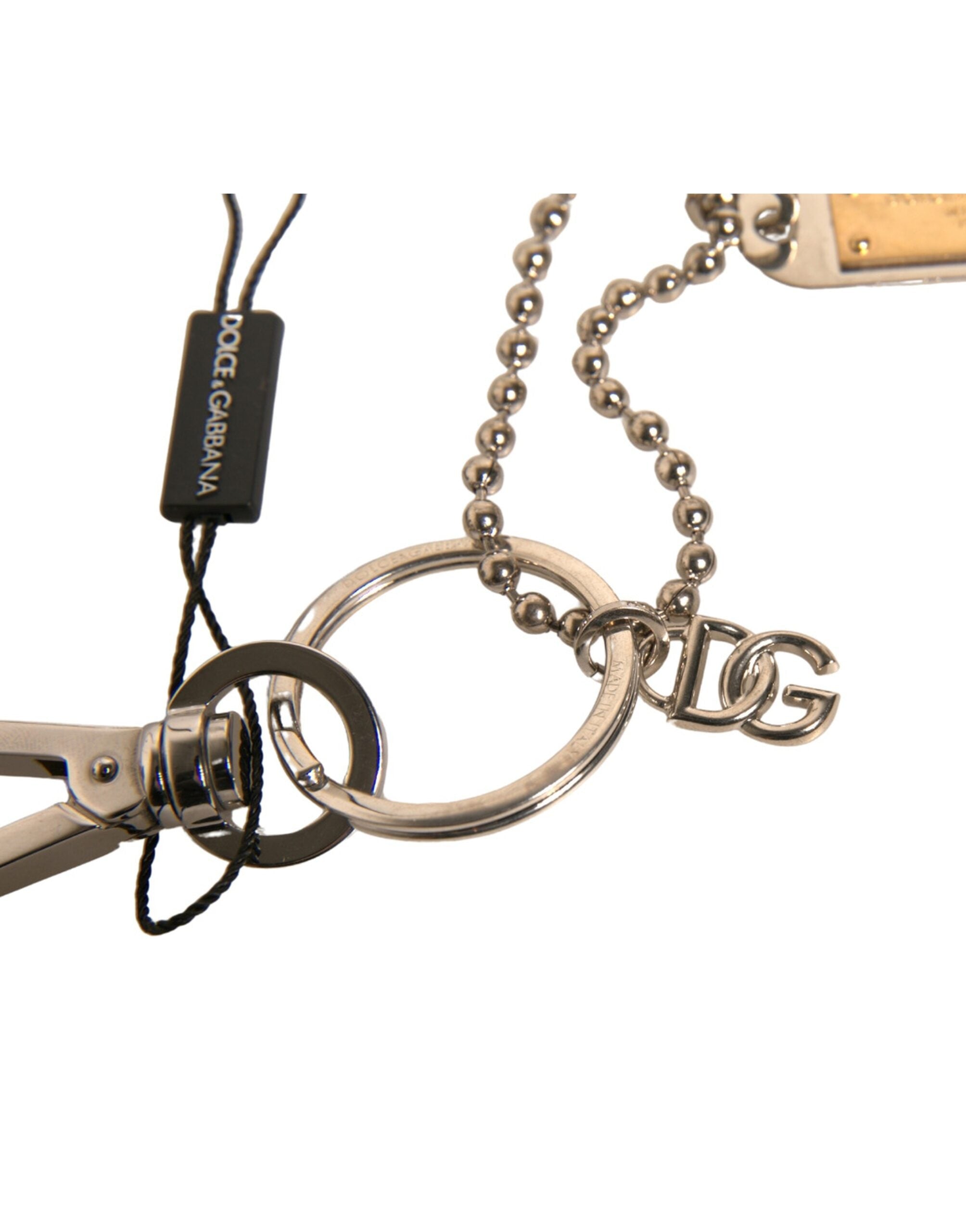 Dolce & Gabbana Silver Brass Chain Beaded Logo Plaque Keychain Keyring LUNESCAPE
