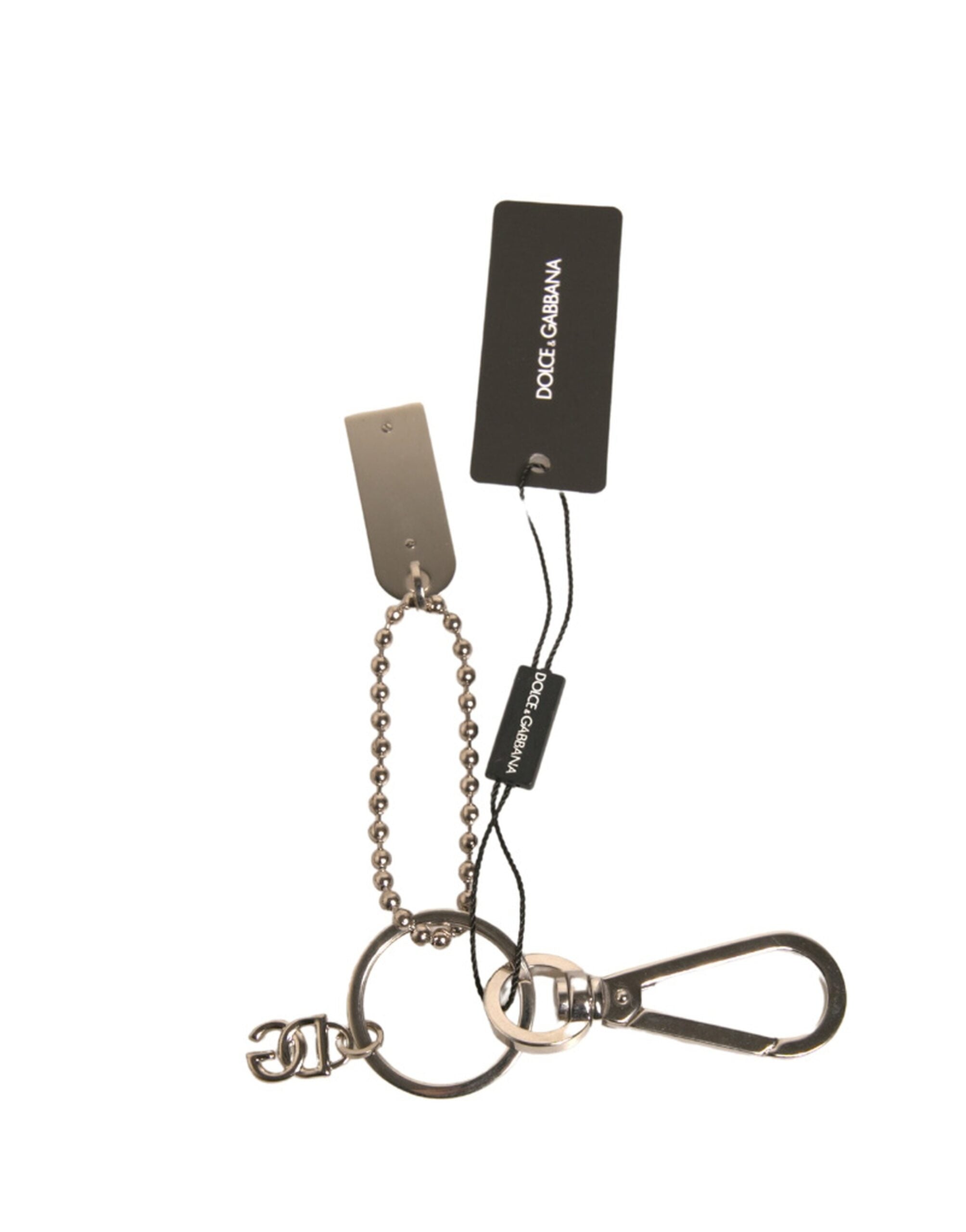 Dolce & Gabbana Silver Brass Chain Beaded Logo Plaque Keychain Keyring LUNESCAPE