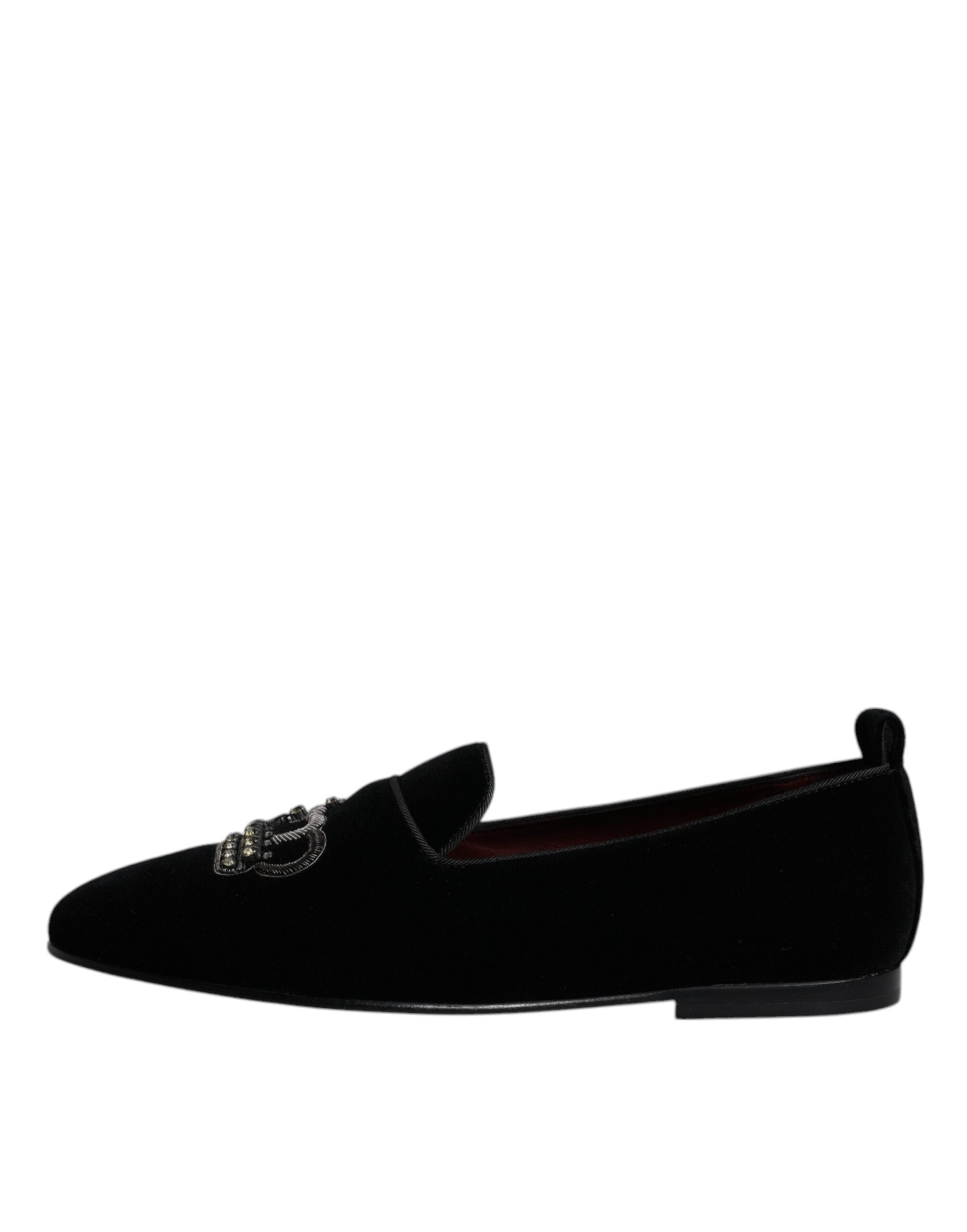 Dolce & Gabbana Black Velvet Crystal Crown Loafers Formal Dress Shoes LUNESCAPE