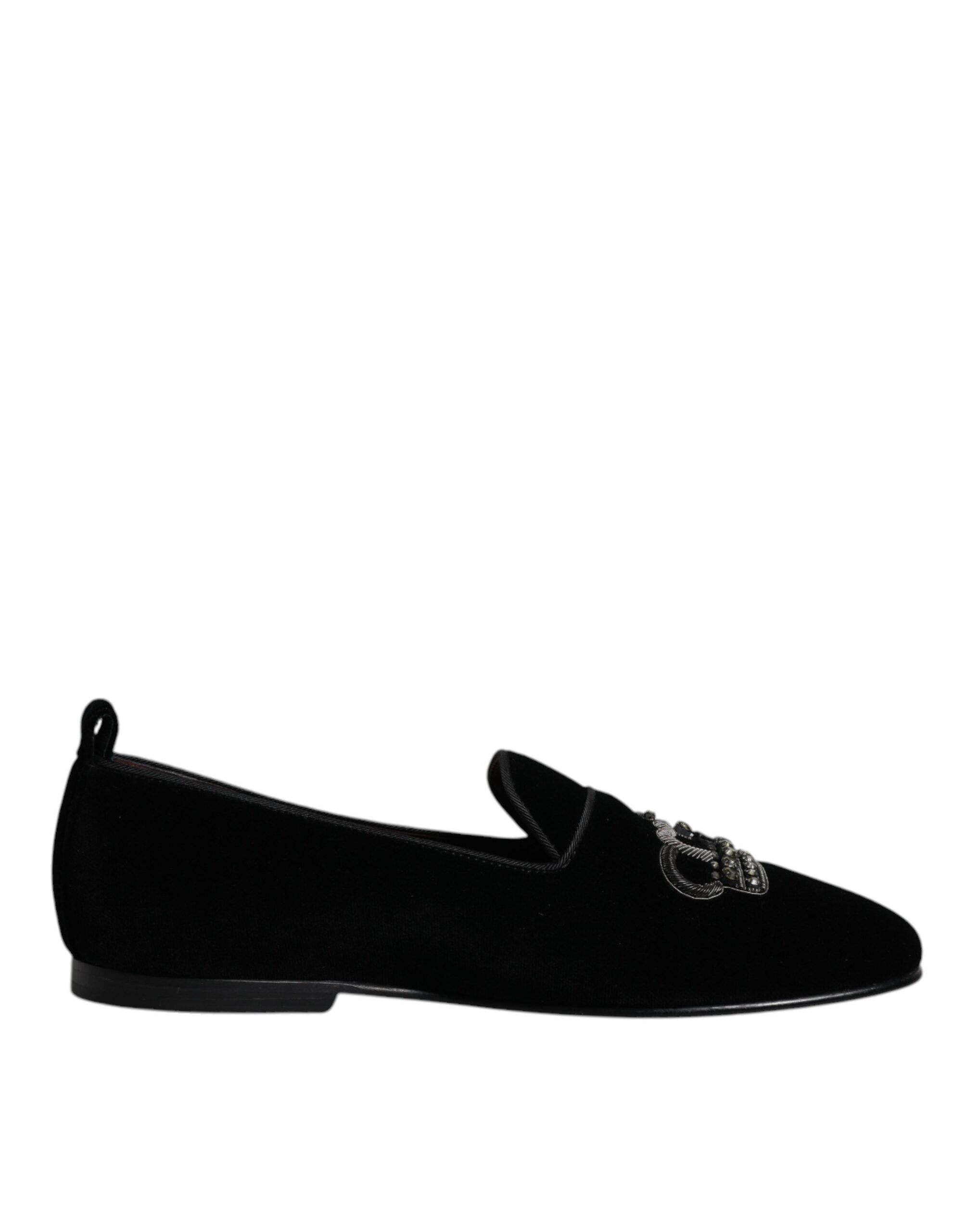 Dolce & Gabbana Black Velvet Crystal Crown Loafers Formal Dress Shoes LUNESCAPE