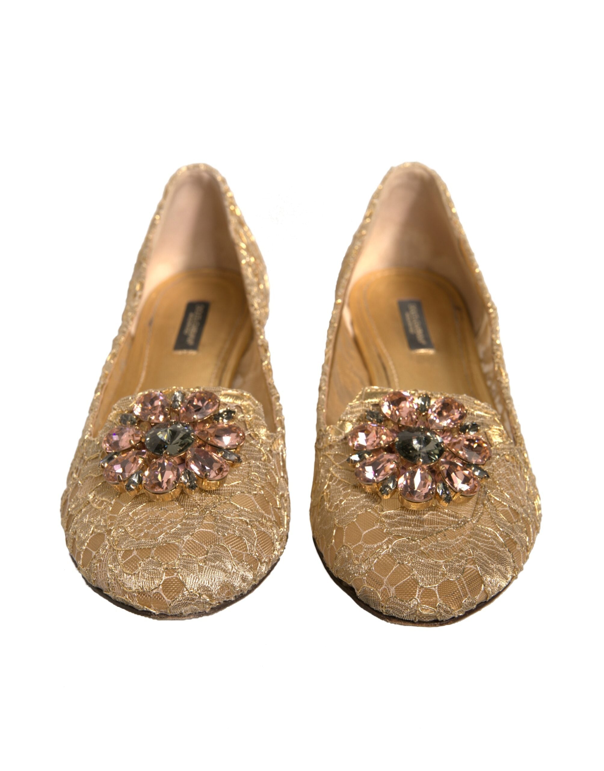 Dolce & Gabbana Gold Crystal Loafer Lace Ballet Flats Shoes LUNESCAPE