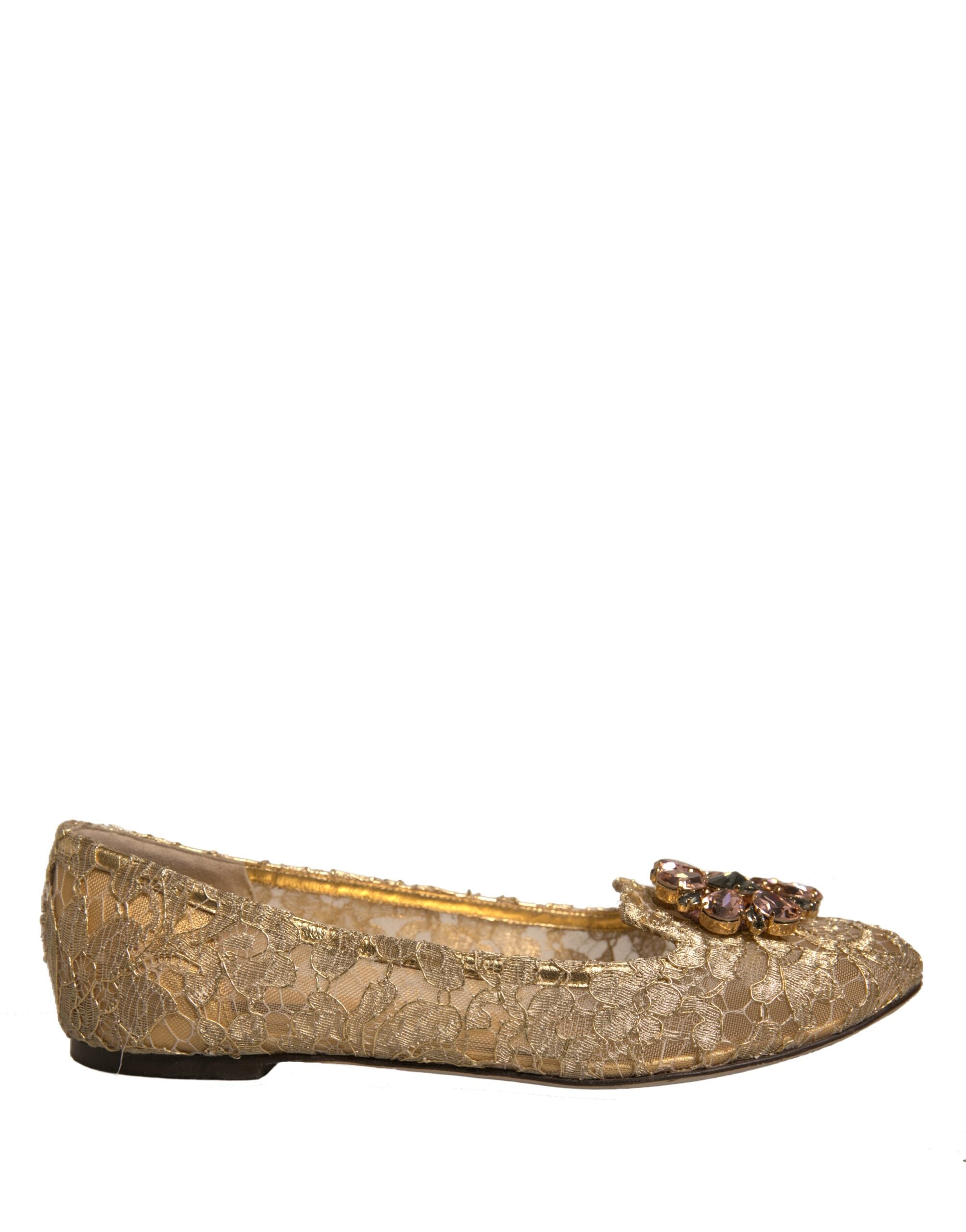 Dolce & Gabbana Gold Crystal Loafer Lace Ballet Flats Shoes LUNESCAPE