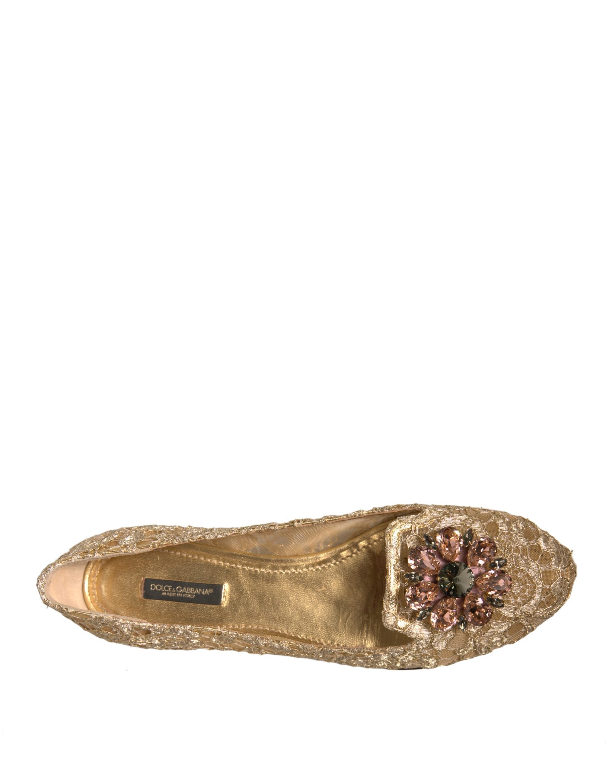 Dolce & Gabbana Gold Crystal Loafer Lace Ballet Flats Shoes LUNESCAPE