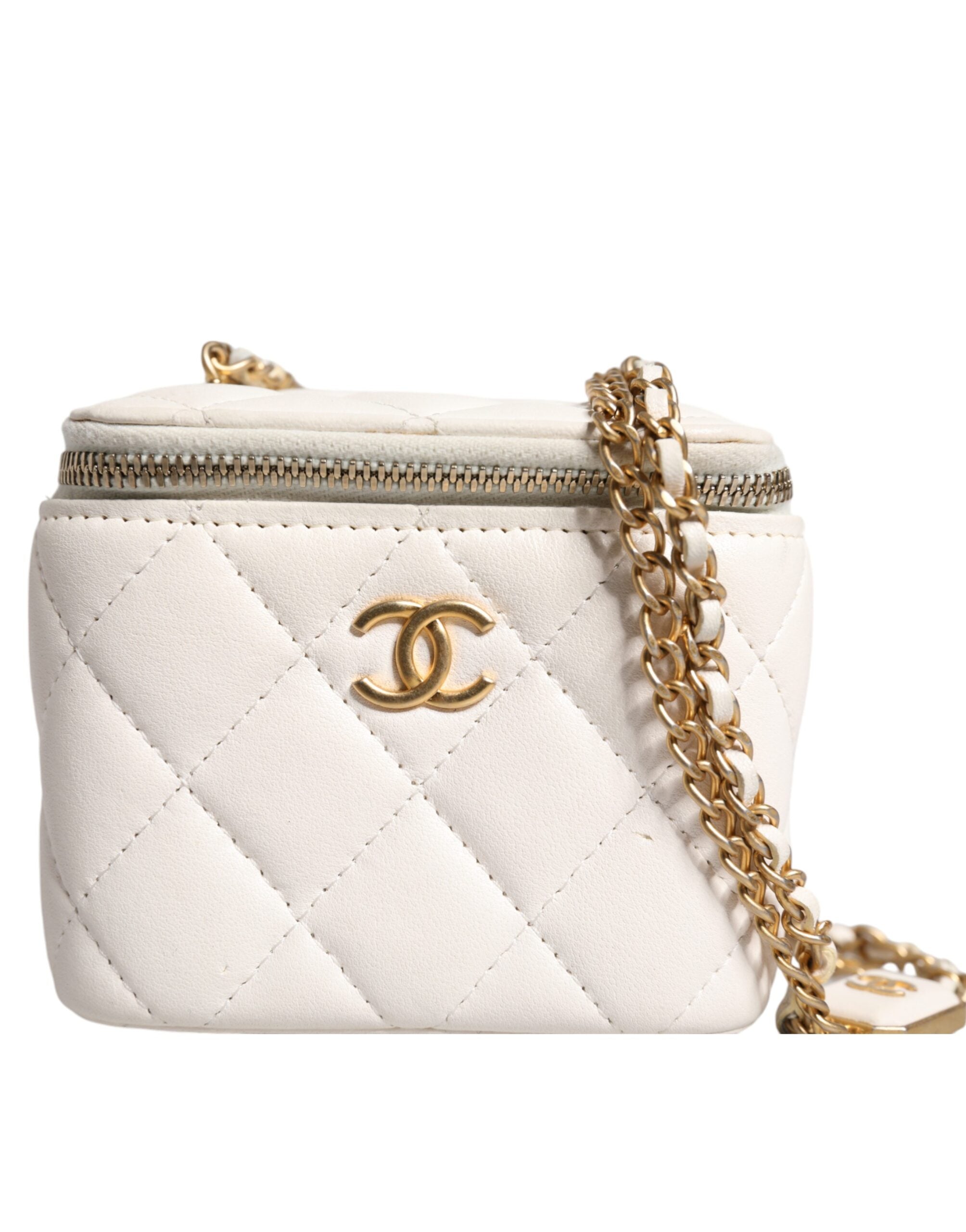 Chanel White Matelasse Lambskin Gold Chain Shoulder Vanity Mirror LUNESCAPE