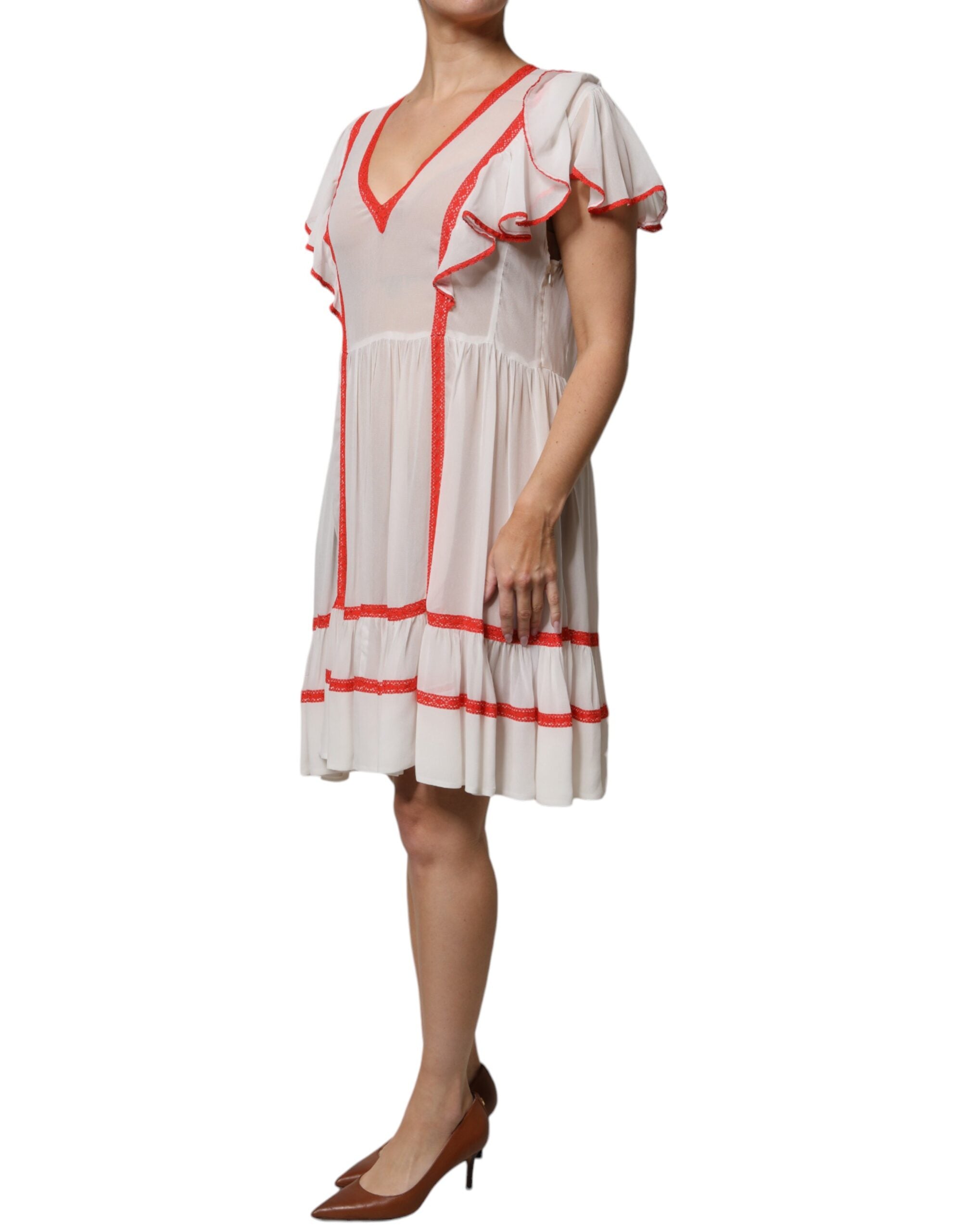 Twinset White Viscose Ruffle Sleeves A-line Pleated Mini Dress LUNESCAPE