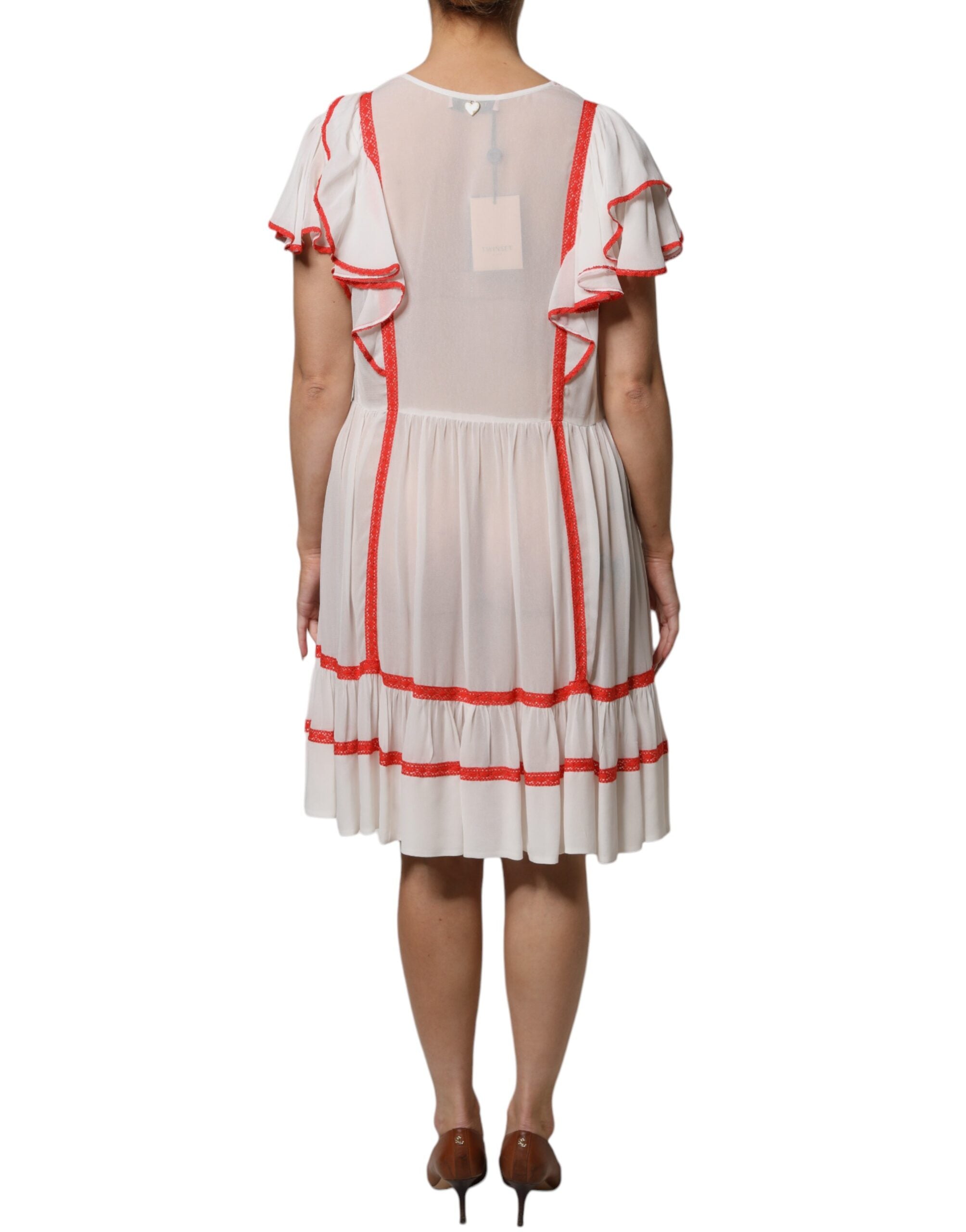 Twinset White Viscose Ruffle Sleeves A-line Pleated Mini Dress LUNESCAPE