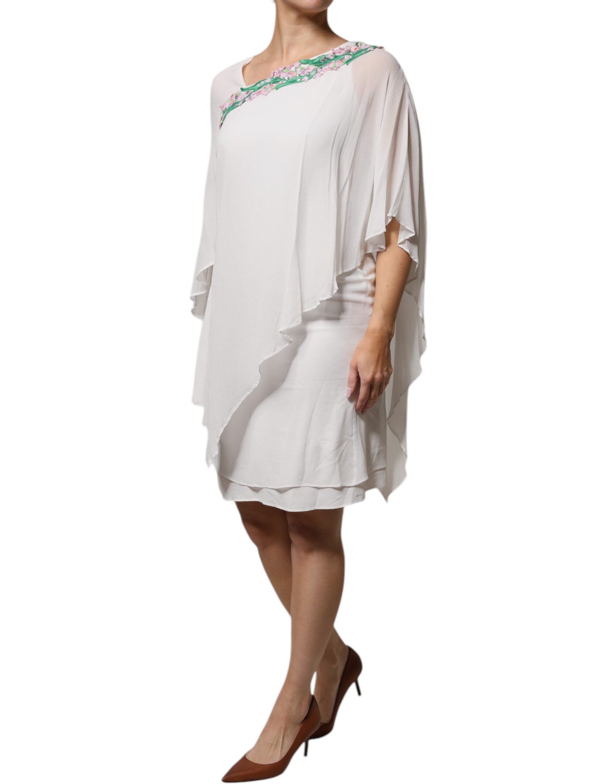 Blumarine White Floral Embroidery Viscose Chiffon Shift Dress LUNESCAPE