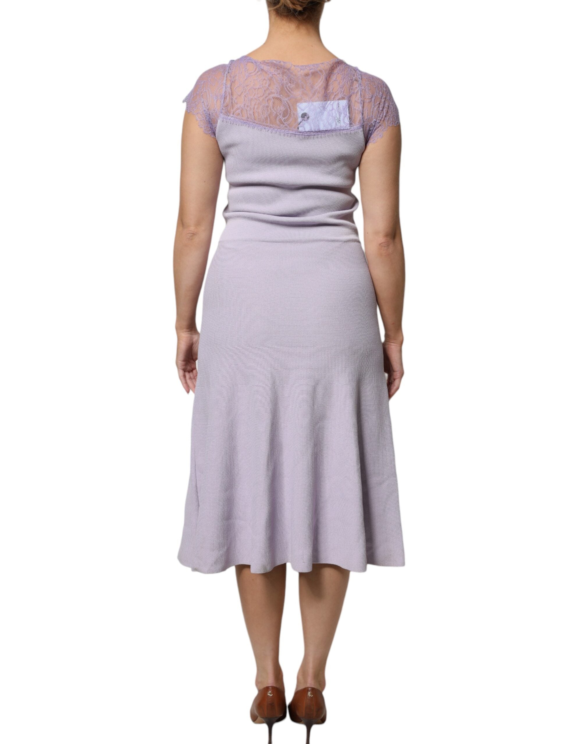 Blumarine Purple Short Sleeves Floral Lace Trim A-line Midi Dress LUNESCAPE