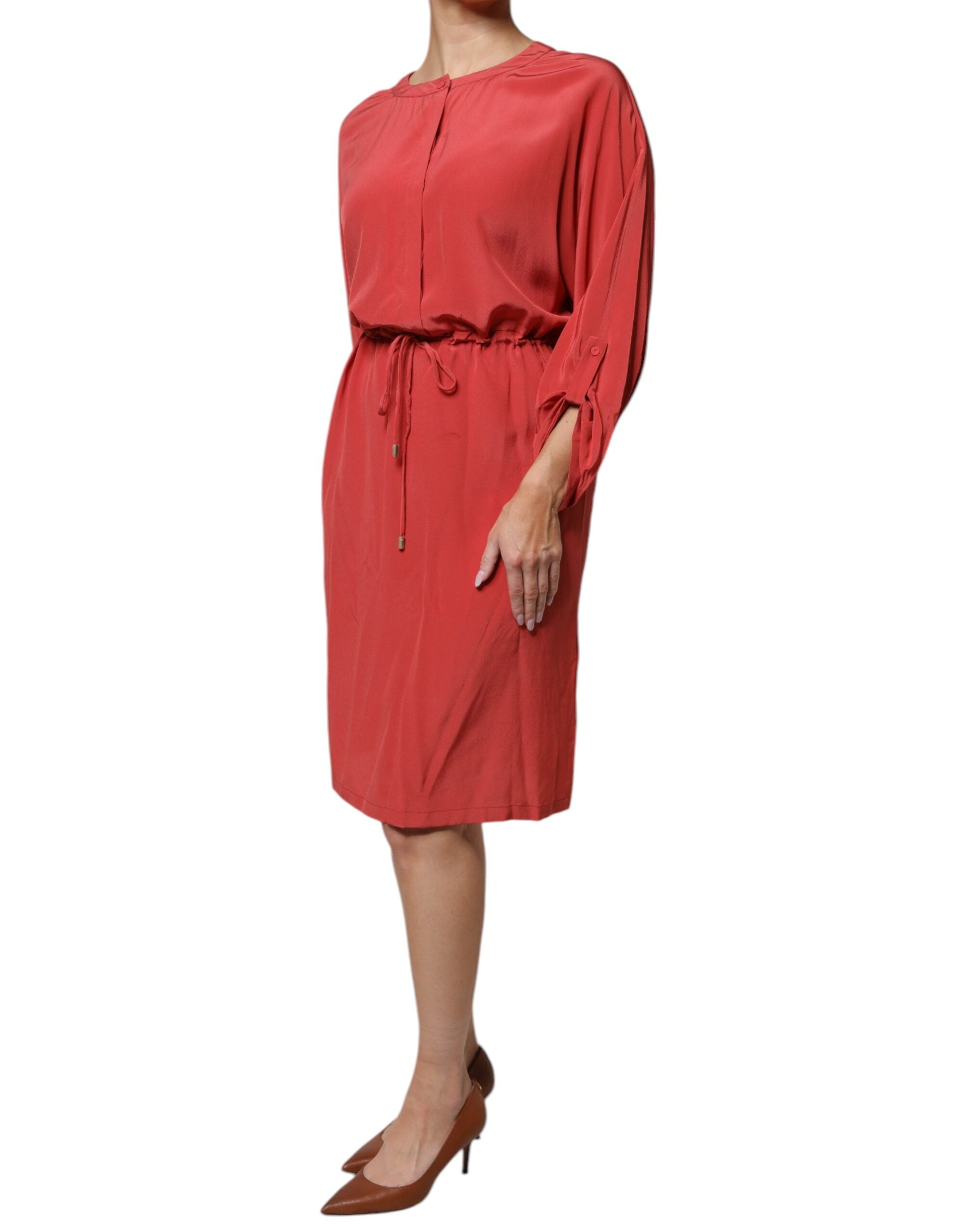 Peserico Red Long Sleeves Pencil Cut Drawstring Waist Dress LUNESCAPE