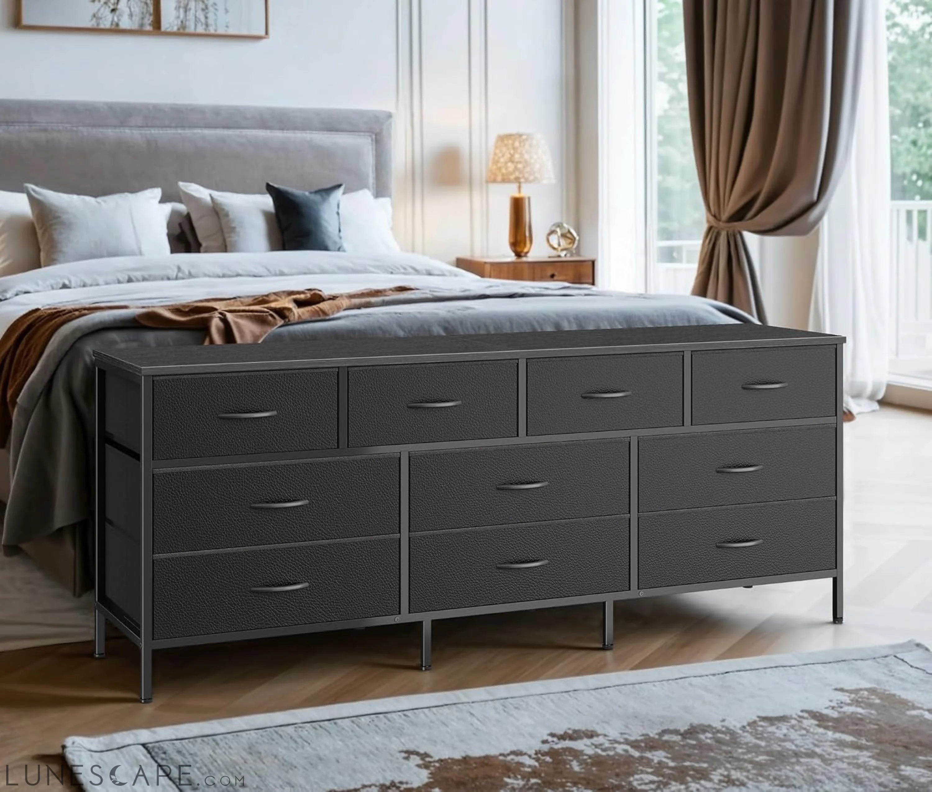 63 Inch TV Stand Dresser for Bedroom, Long Dresser with 10 Fabric LUNESCAPE