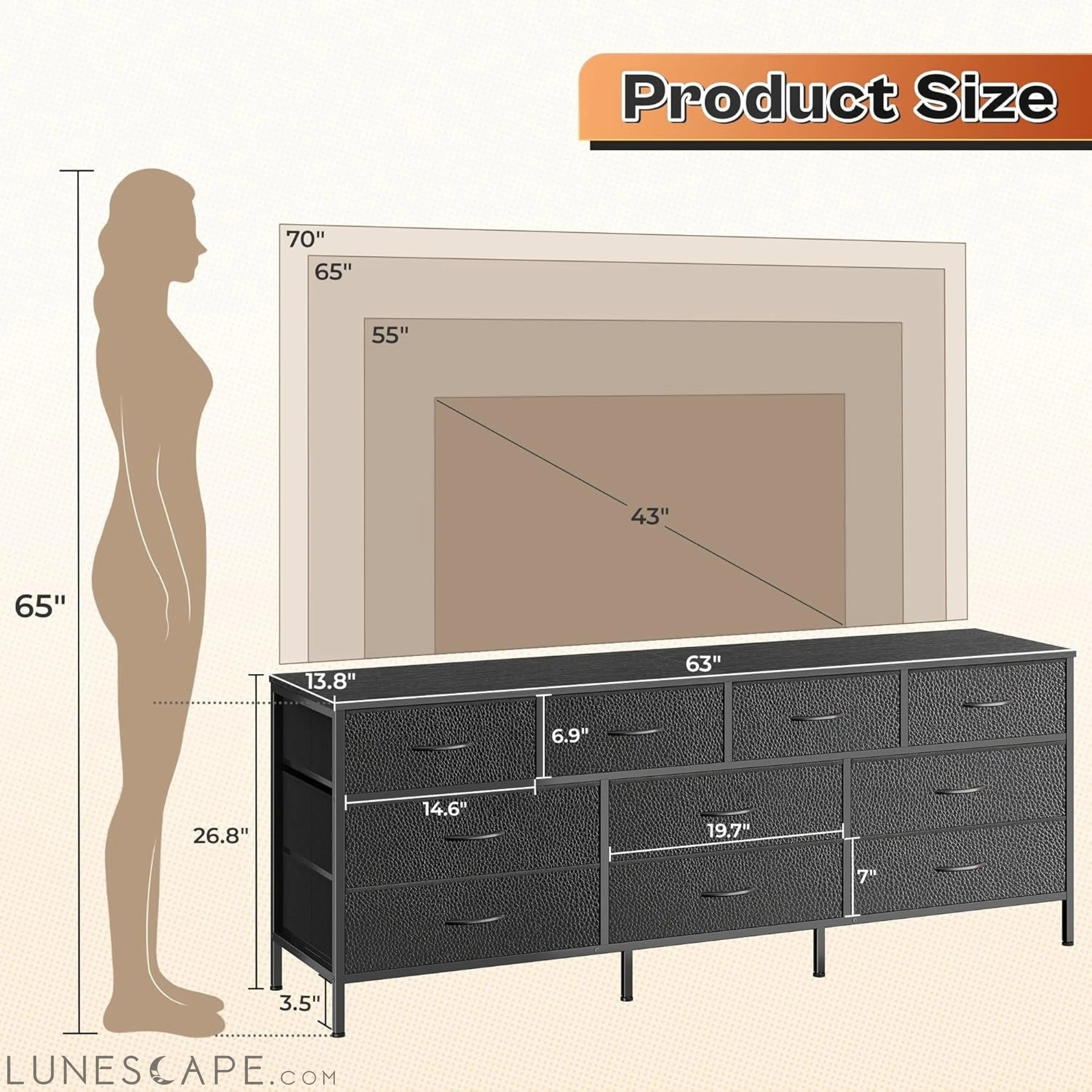 63 Inch TV Stand Dresser for Bedroom, Long Dresser with 10 Fabric LUNESCAPE
