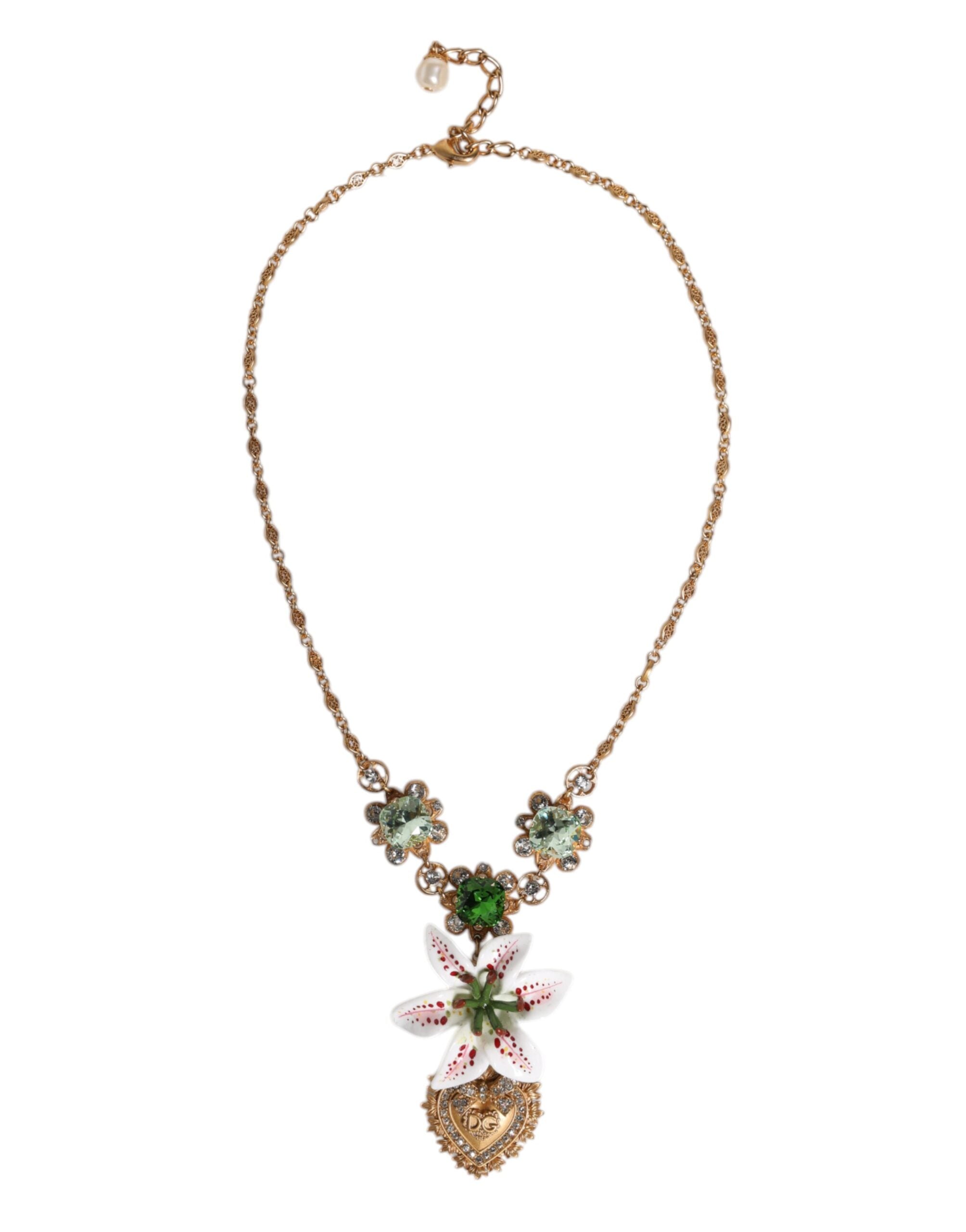 Dolce & Gabbana Gold Brass Lily Crystal Sacred Heart Pendant Necklace LUNESCAPE