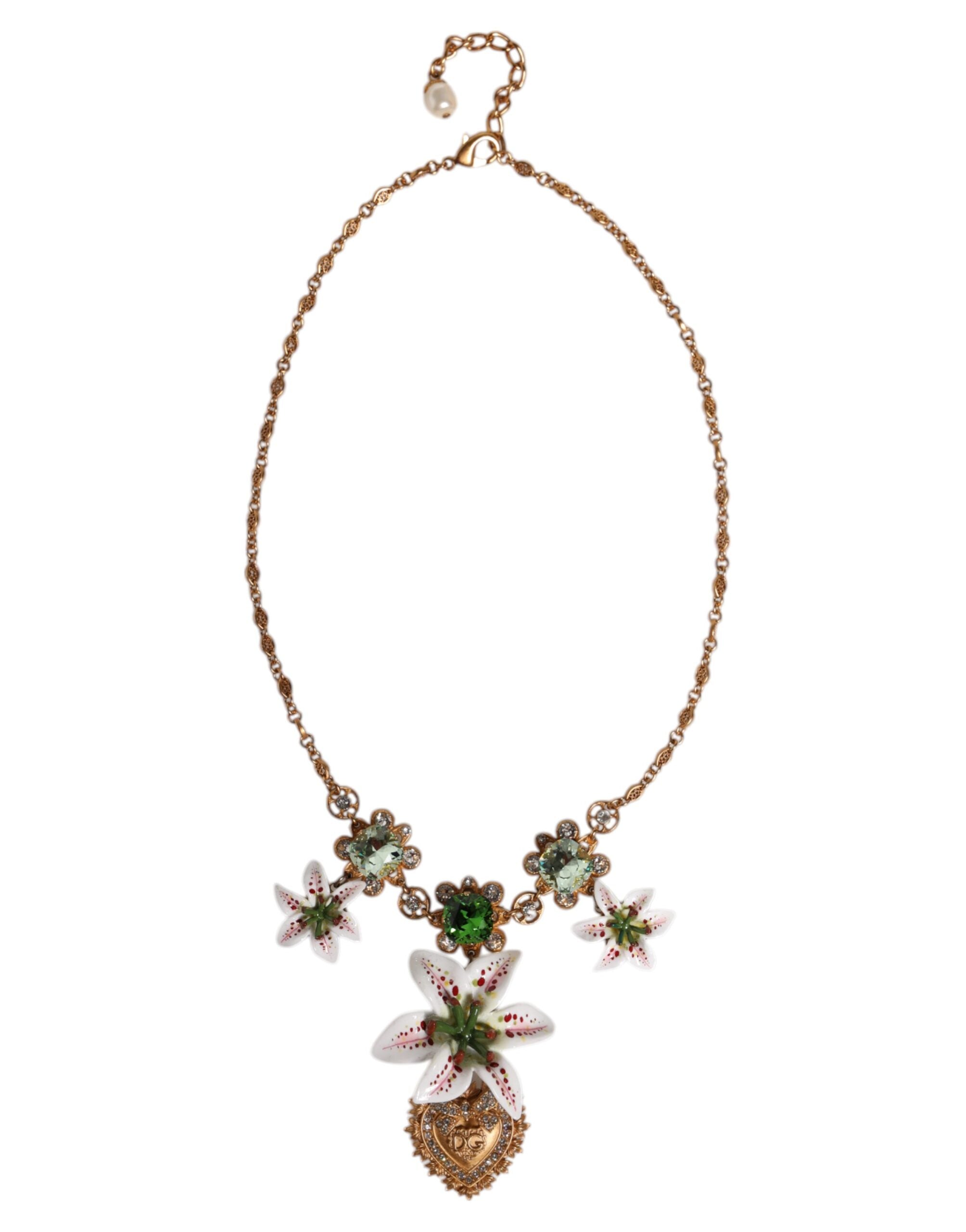 Dolce & Gabbana Gold Brass Lily Crystal Sacred Heart Pendant Necklace LUNESCAPE