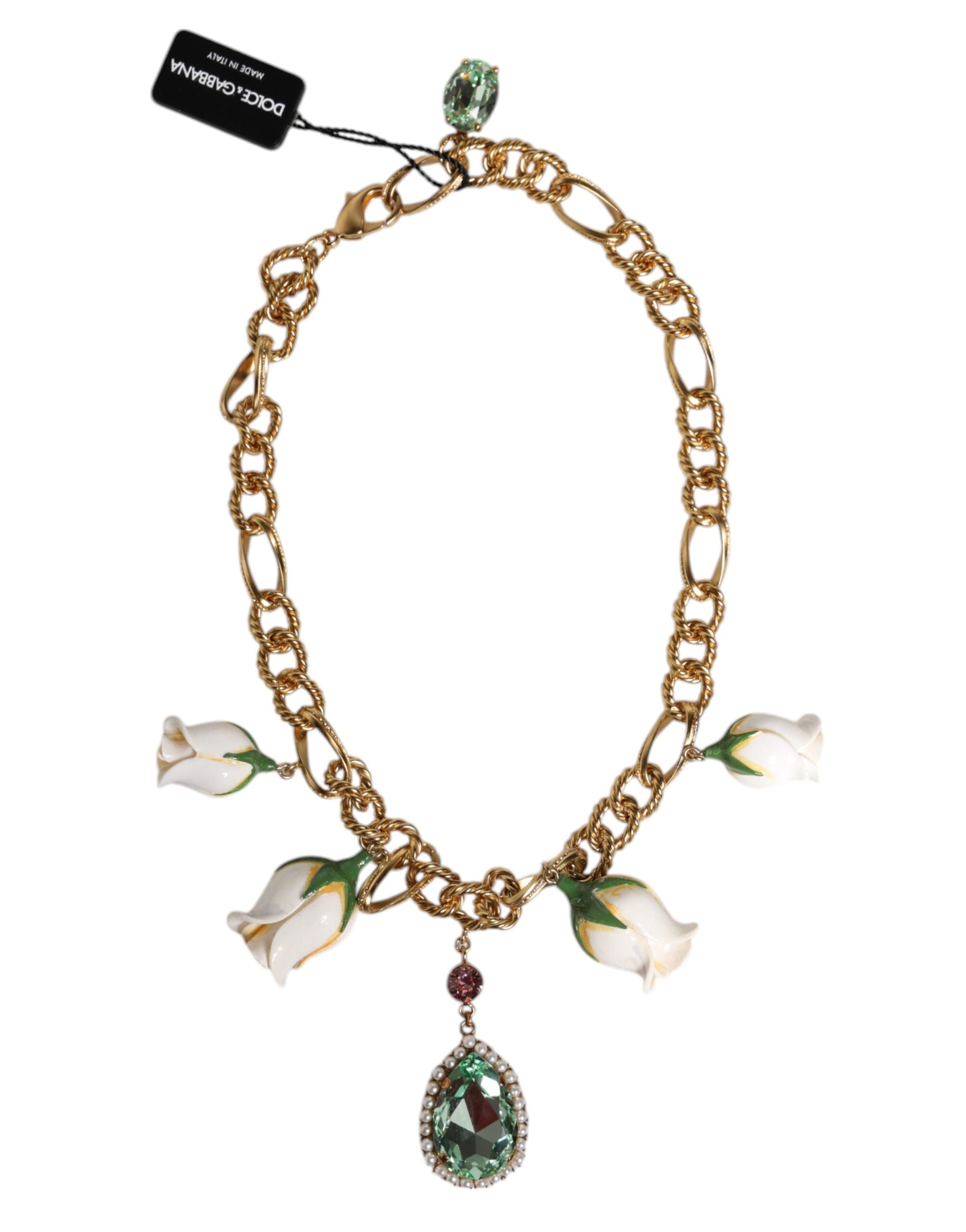 Dolce & Gabbana Gold Brass Short Chain Flower Crystal Pendant Necklace LUNESCAPE
