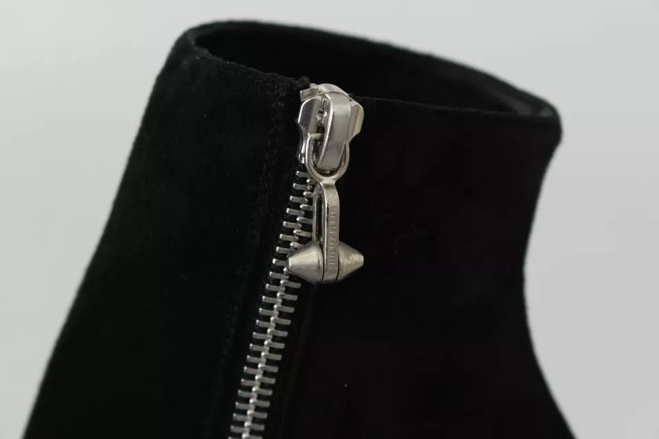 Philipp Plein Black Suede Studded Heels Ankle Boots Shoes