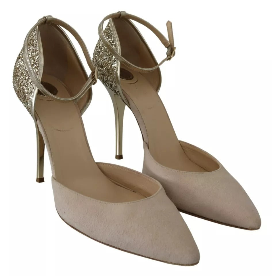 Elisabetta Franchi Gold Sequin and Beige Suede Ankle Strap Stiletto Pump LUNESCAPE